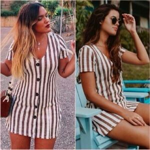 Zara V-Neck Striped Tunic or mini dress in Brown and White